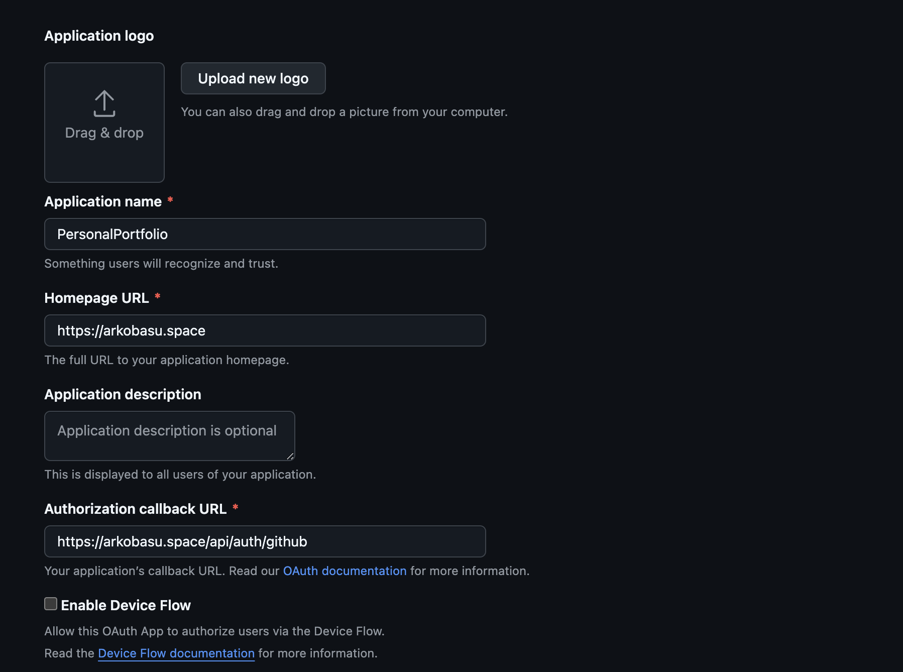 Image showing Github OAuth App configuration