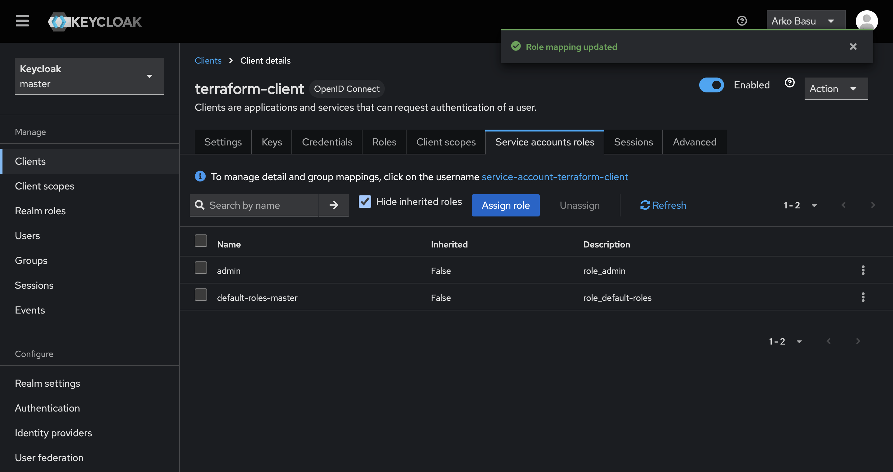 Setting admin role for terraform client